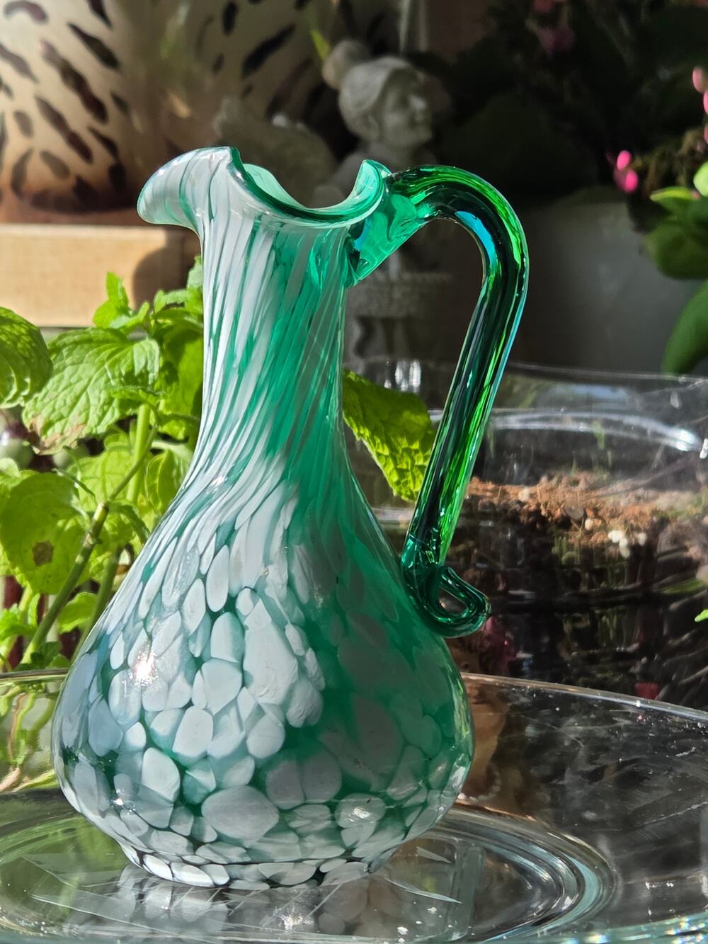 Hand Blown Art Glass Miniature Pitcher Green White Frit Inclusions Creamer Vase